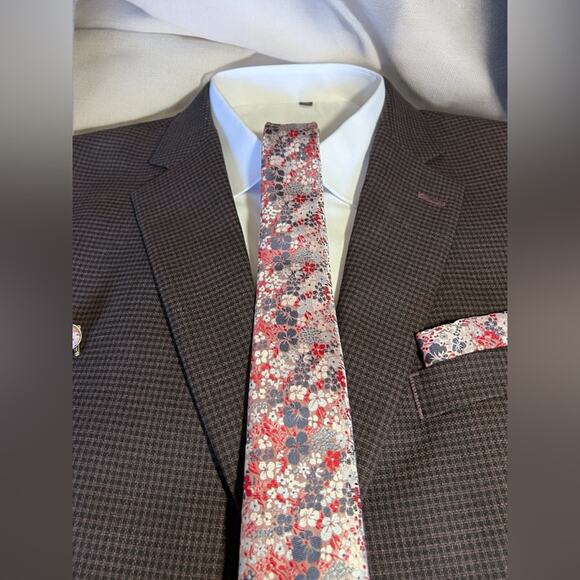 3 Pc Pink Floral Tie Set - Tie Pocket Square Cufflinks 57.75"x3.25" - Picture 2 of 4